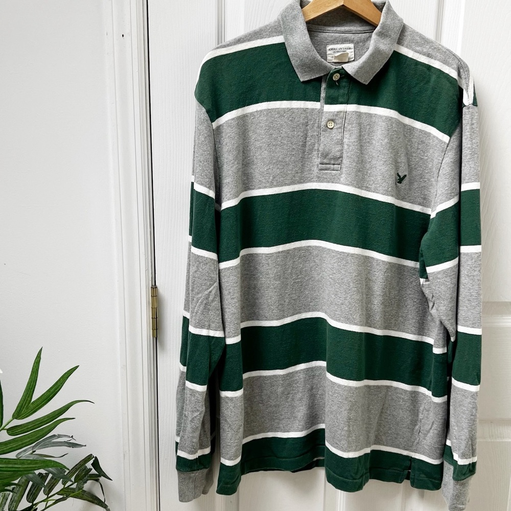 American Eagle Mens Henley Long Sleeve Striped Polo Top Green Gray